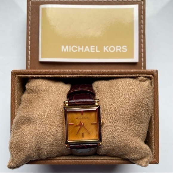 Michael Kors Gold Square Face Watch Brown Embossed Reptile Leather Band - Picture 1 of 16